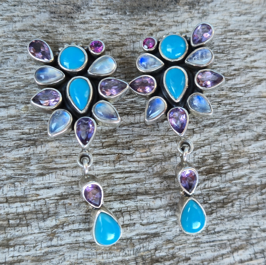 Nicky Butler 925 Sterling Silver Designer Turquoise Moonstone Amethyst Earrings 99$